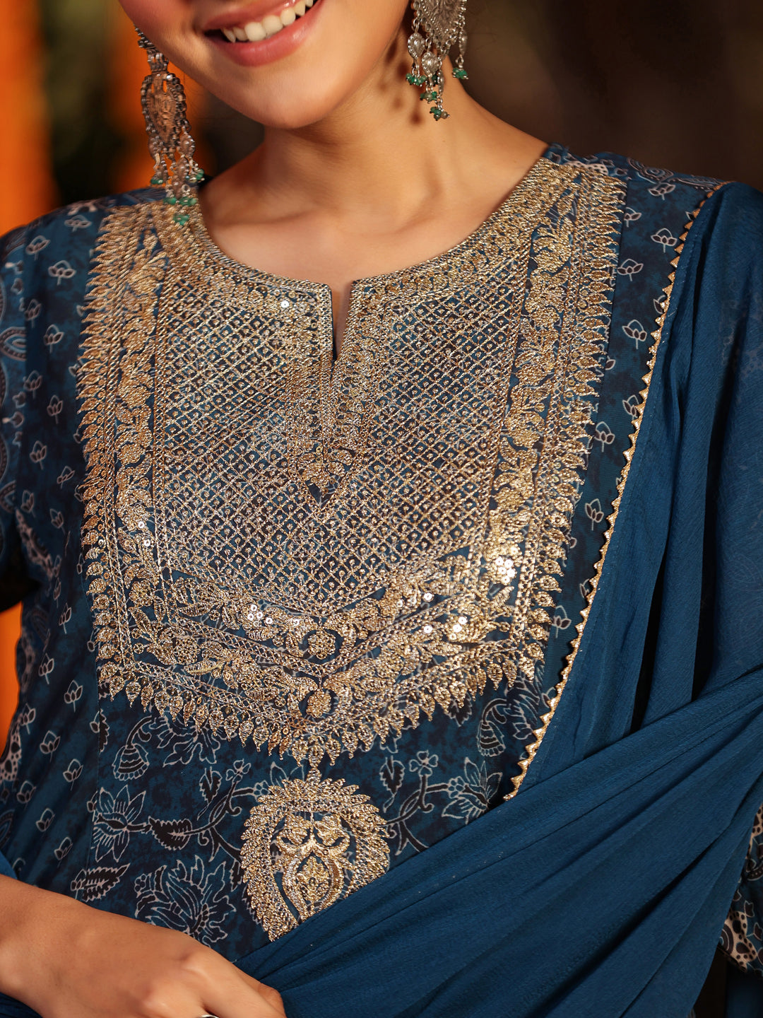 Women's Dark Blue Georgette Ajrakh Printed Embellished Anarkali Kurta Set