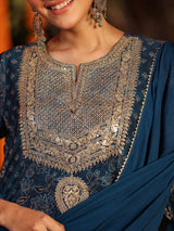 Women's Dark Blue Georgette Ajrakh Printed Embellished Anarkali Kurta Set