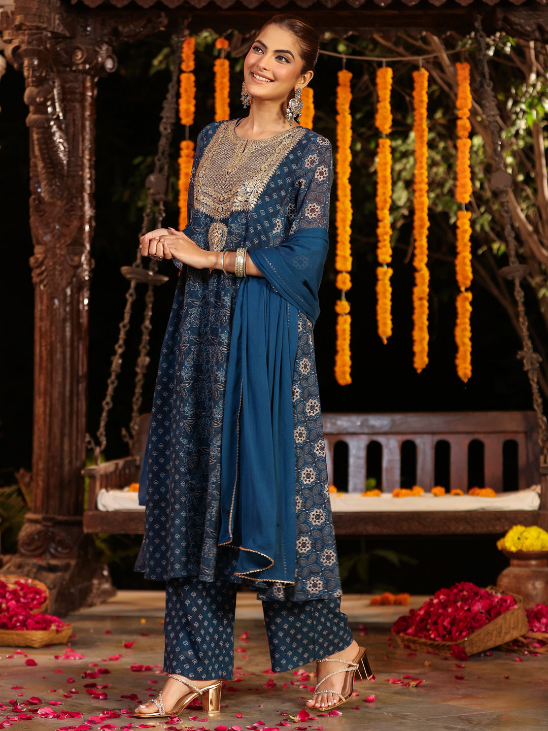 Women's Dark Blue Georgette Ajrakh Printed Embellished Anarkali Kurta Set