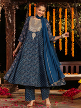 Women's Dark Blue Georgette Ajrakh Printed Embellished Anarkali Kurta Set