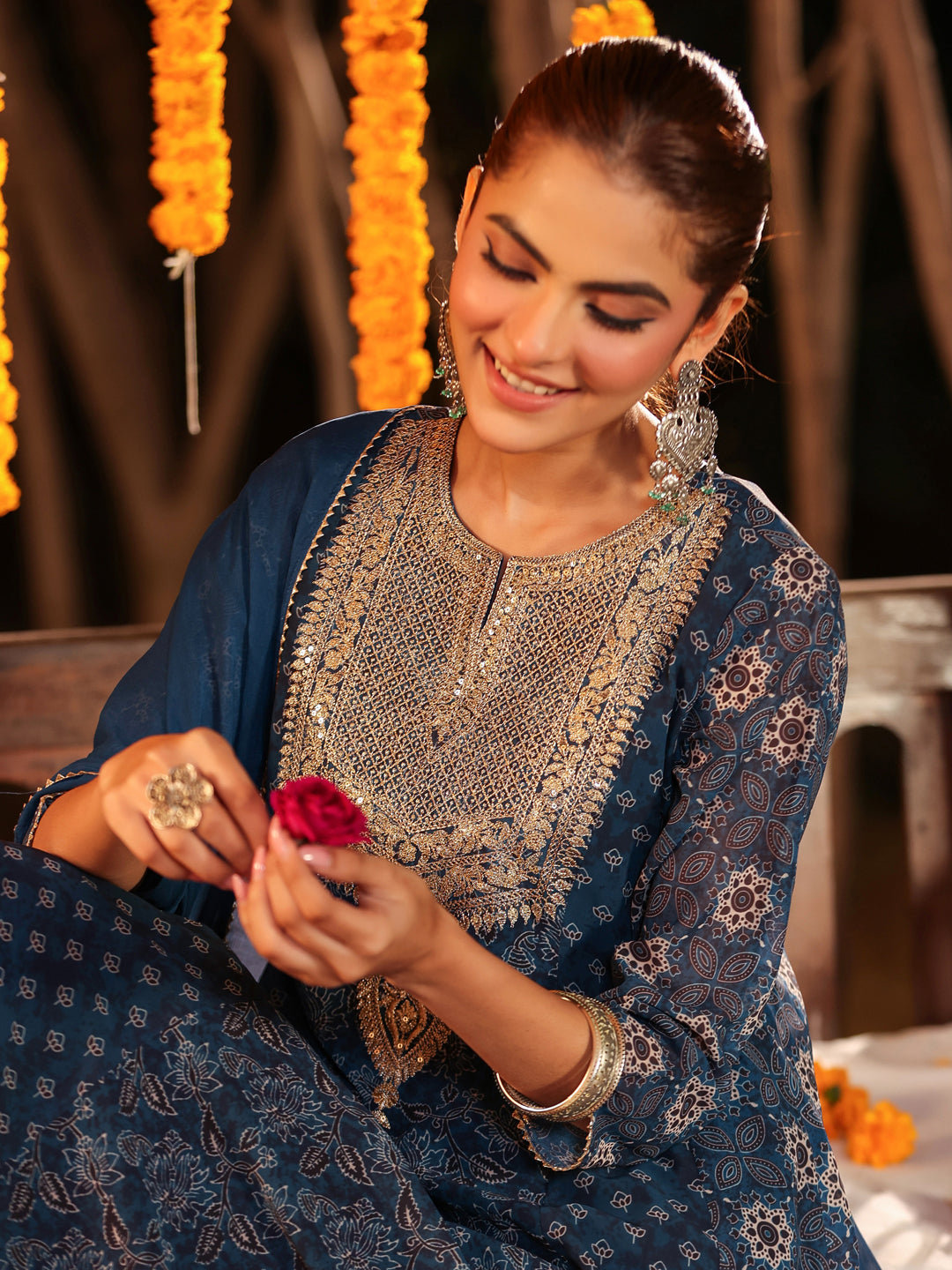 Women's Dark Blue Georgette Ajrakh Printed Embellished Anarkali Kurta Set