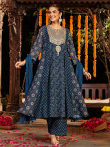 Women's Dark Blue Georgette Ajrakh Printed Embellished Anarkali Kurta Set