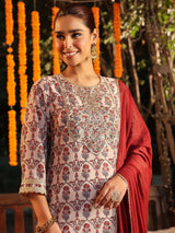 Women's Cream Georgette Yoke Zari Embroidered Ajarakh Printed Straight Kurta Set