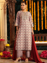 Women's Cream Georgette Yoke Zari Embroidered Ajarakh Printed Straight Kurta Set