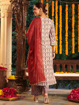 Women's Cream Georgette Yoke Zari Embroidered Ajarakh Printed Straight Kurta Set