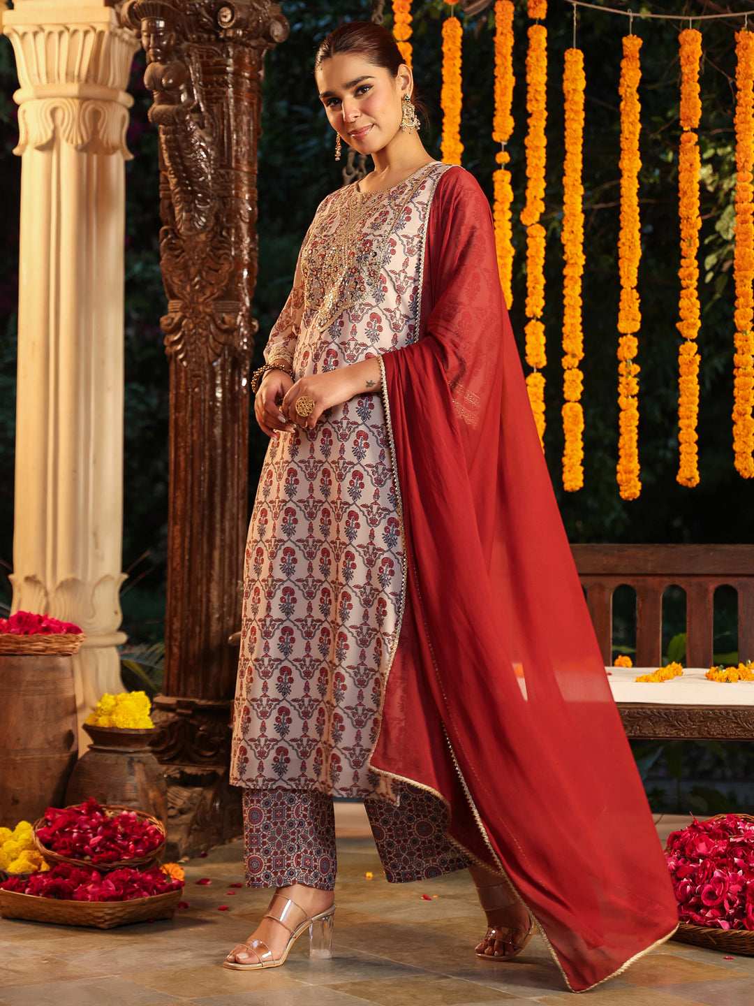 Women's Cream Georgette Yoke Zari Embroidered Ajarakh Printed Straight Kurta Set