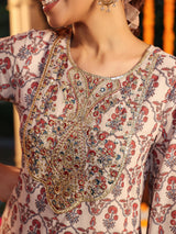 Women's Cream Georgette Yoke Zari Embroidered Ajarakh Printed Straight Kurta Set