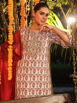 Women's Cream Georgette Yoke Zari Embroidered Ajarakh Printed Straight Kurta Set