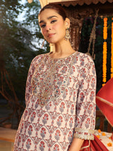 Women's Cream Georgette Yoke Zari Embroidered Ajarakh Printed Straight Kurta Set