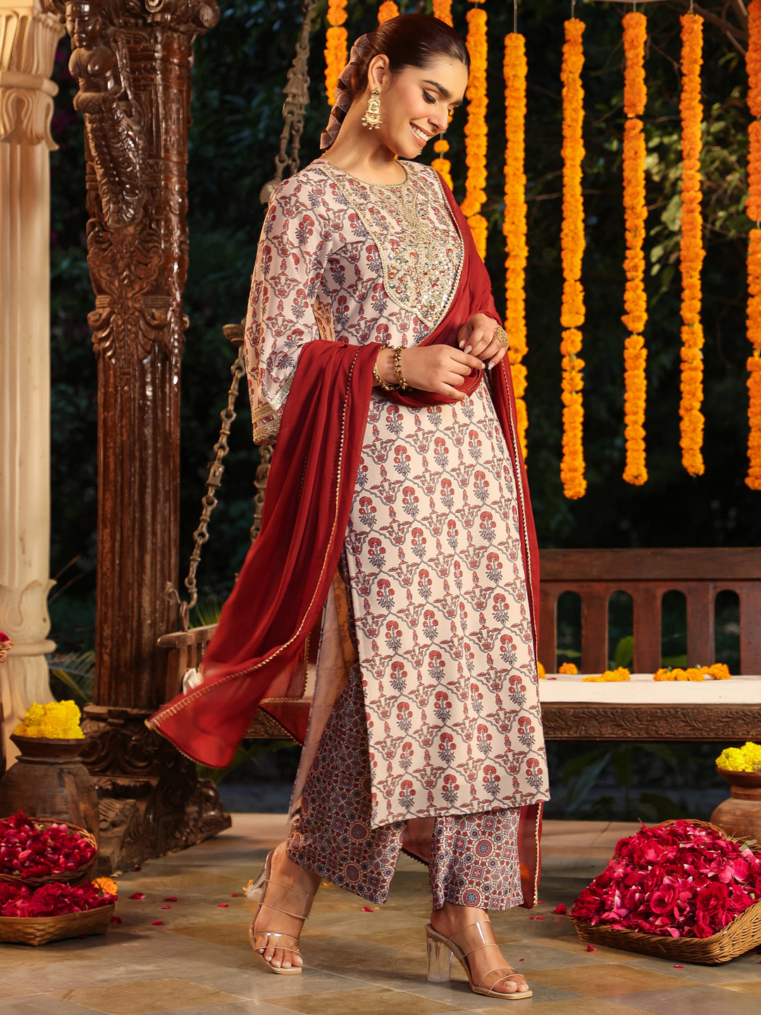 Women's Cream Georgette Yoke Zari Embroidered Ajarakh Printed Straight Kurta Set