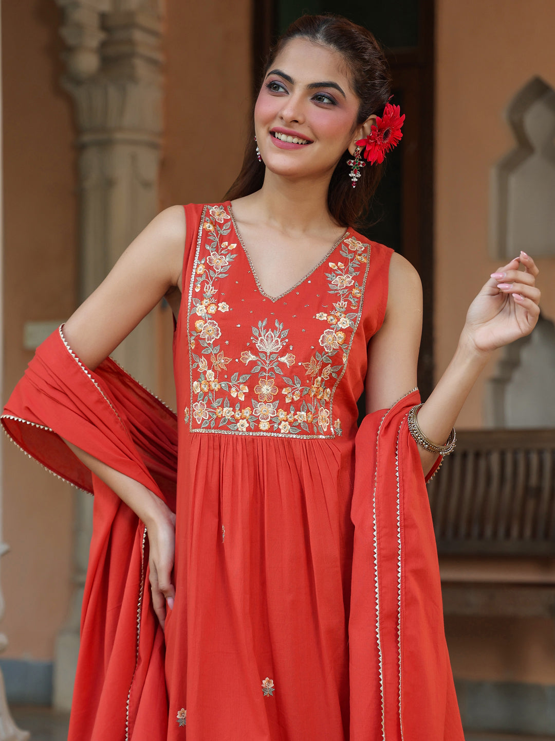 Women's Rust Pure Cotton Embroidered A-line Kurta Set