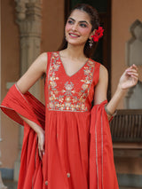 Women's Rust Pure Cotton Embroidered A-line Kurta Set