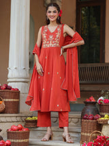 Women's Rust Pure Cotton Embroidered A-line Kurta Set
