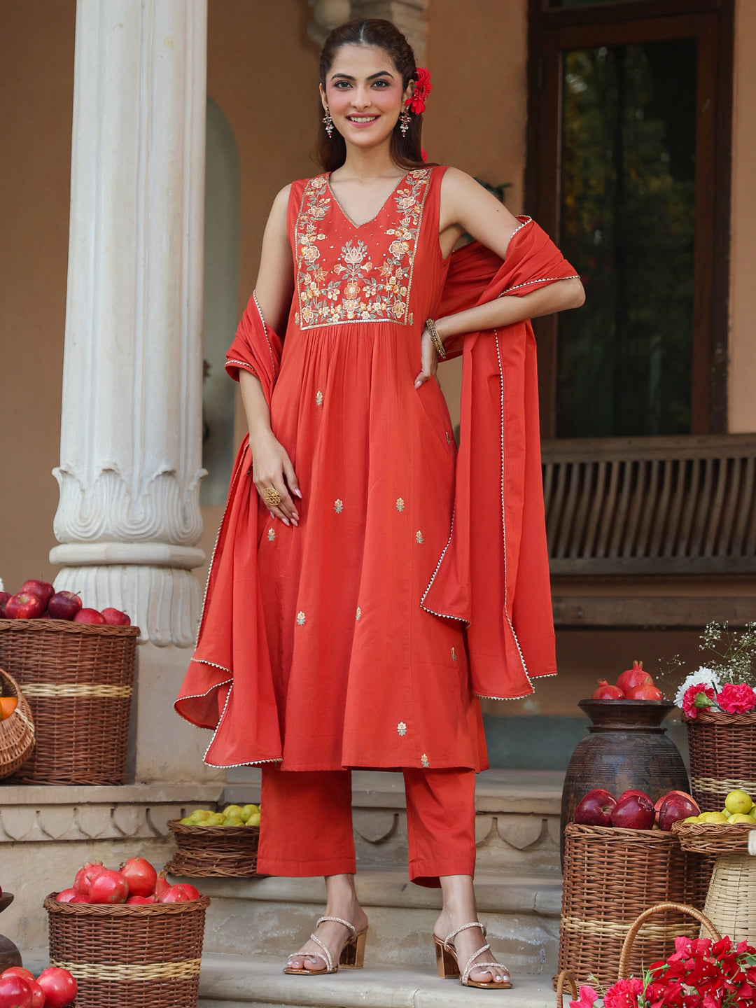 Women's Rust Pure Cotton Embroidered A-line Kurta Set