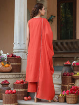 Women's Rust Pure Cotton Embroidered A-line Kurta Set