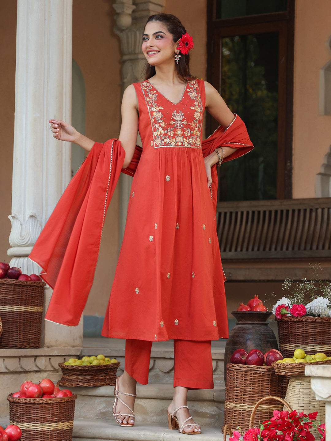 Women's Rust Pure Cotton Embroidered A-line Kurta Set