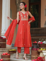 Women's Rust Pure Cotton Embroidered A-line Kurta Set