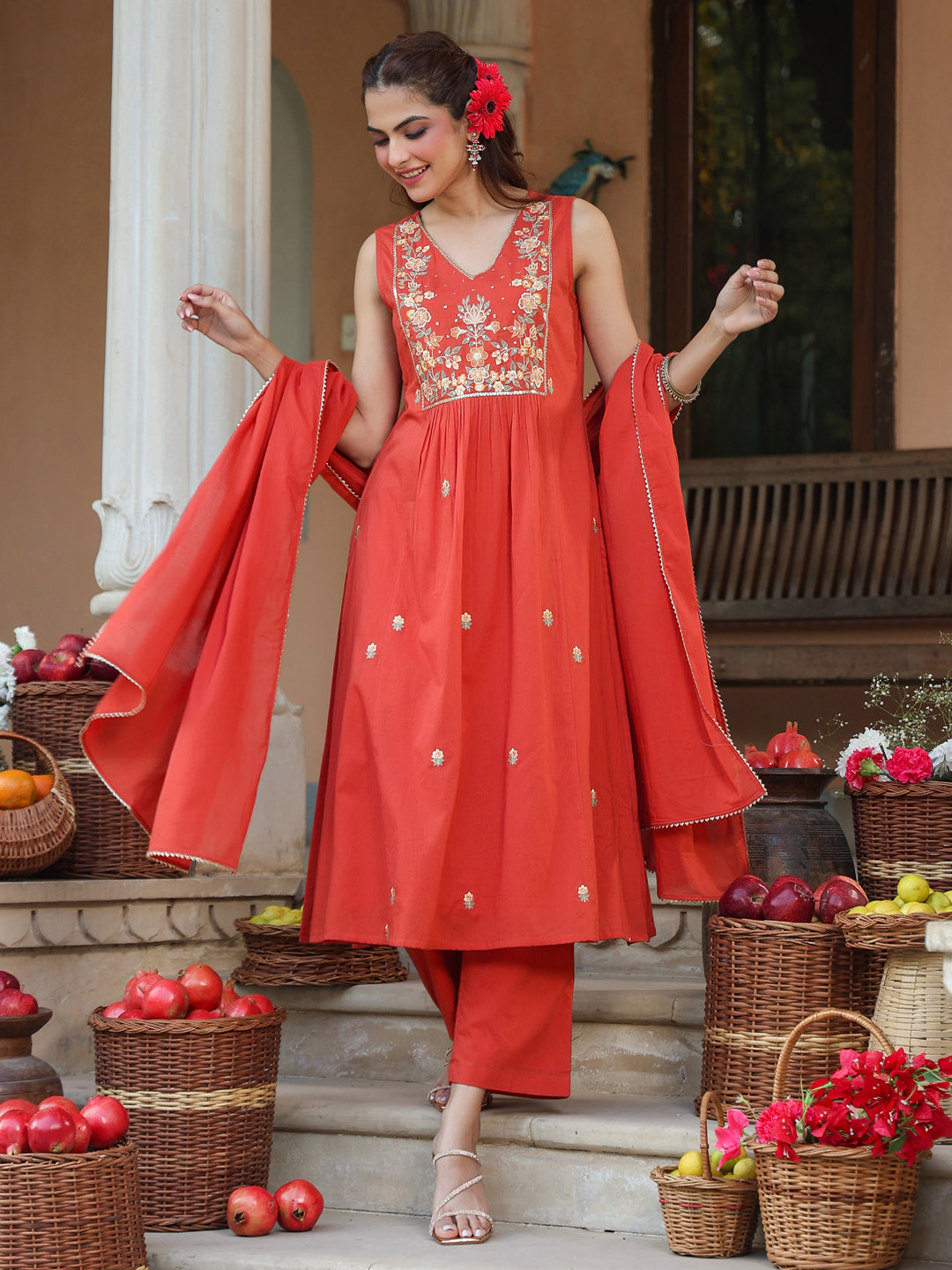Women's Rust Pure Cotton Embroidered A-line Kurta Set