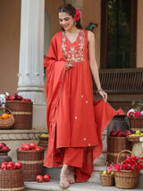Women's Rust Pure Cotton Embroidered A-line Kurta Set