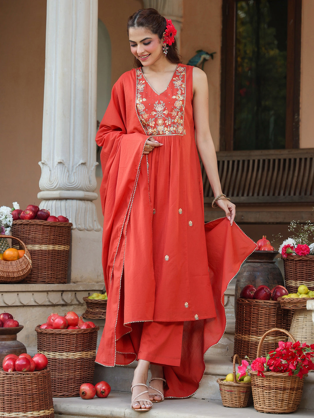 Women's Rust Pure Cotton Embroidered A-line Kurta Set