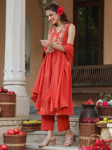 Women's Rust Pure Cotton Embroidered A-line Kurta Set