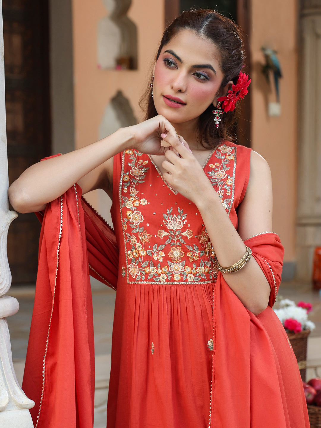 Women's Rust Pure Cotton Embroidered A-line Kurta Set