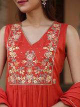 Women's Rust Pure Cotton Embroidered A-line Kurta Set
