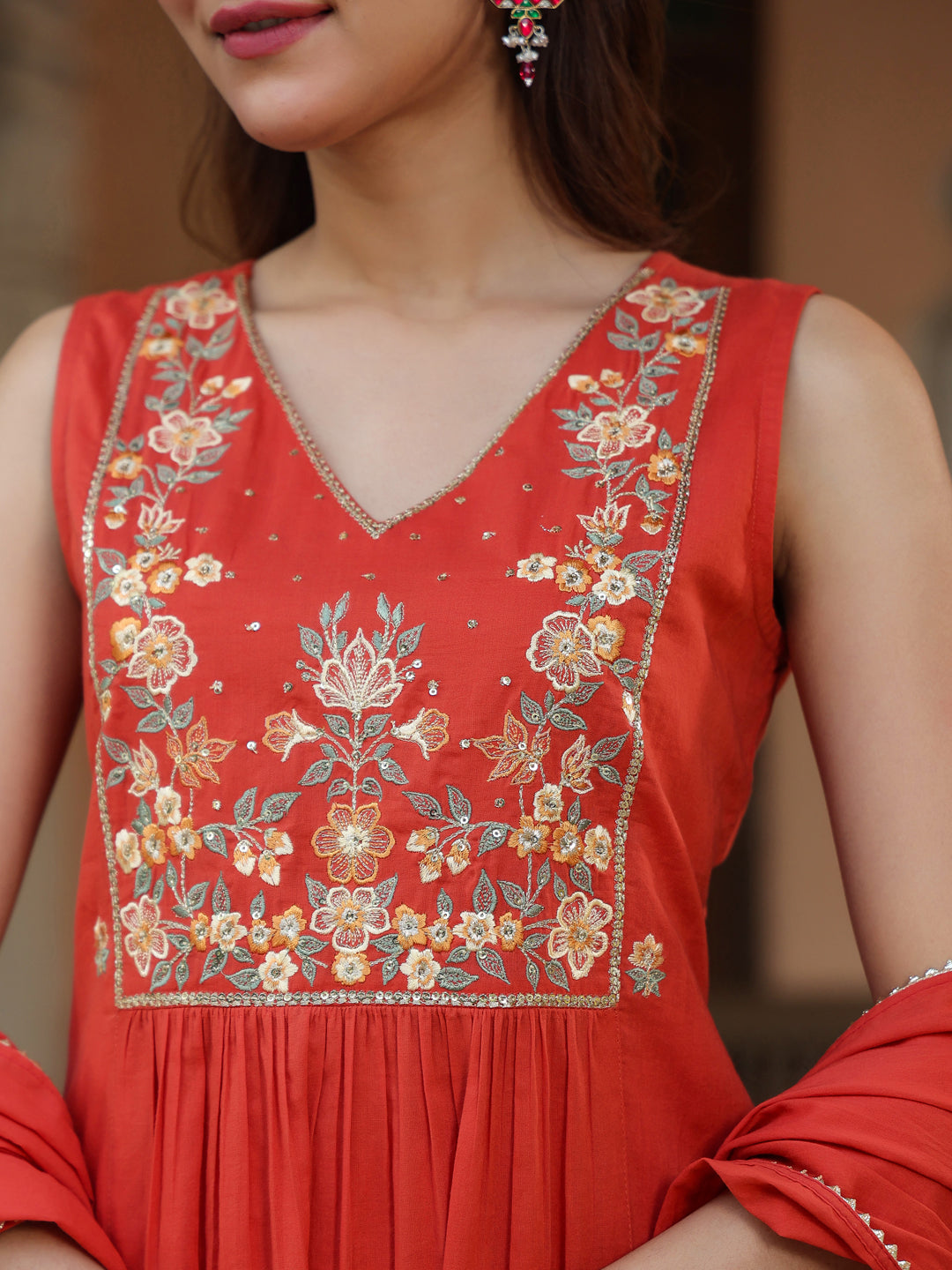 Women's Rust Pure Cotton Embroidered A-line Kurta Set