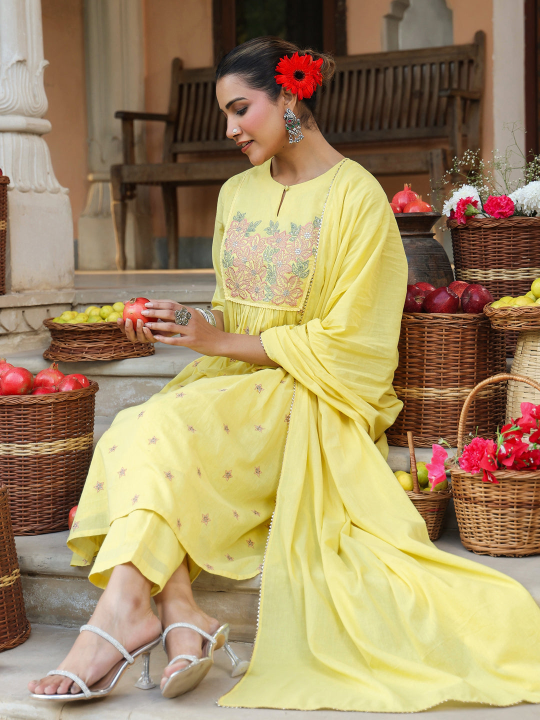 Women's Yellow Pure Cotton Embroidered A-line Kurta Set