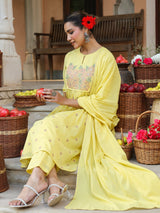 Women's Yellow Pure Cotton Embroidered A-line Kurta Set
