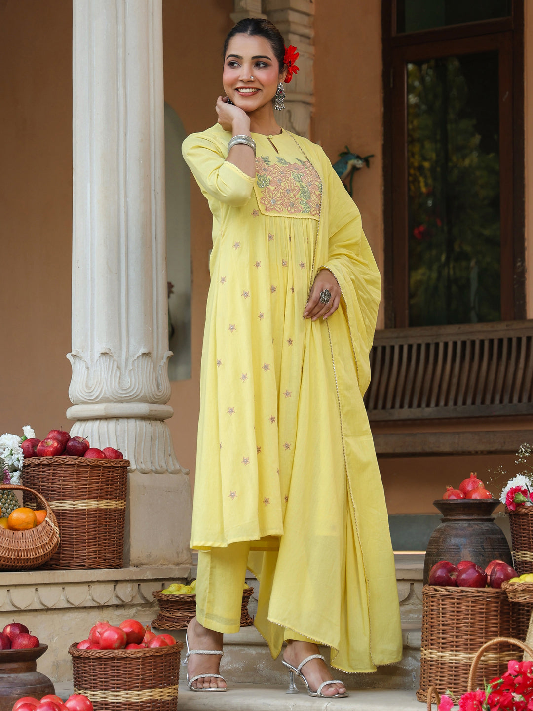 Women's Yellow Pure Cotton Embroidered A-line Kurta Set