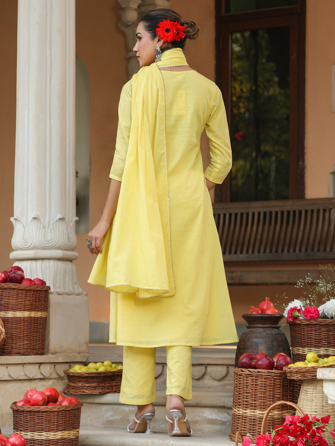 Women's Yellow Pure Cotton Embroidered A-line Kurta Set