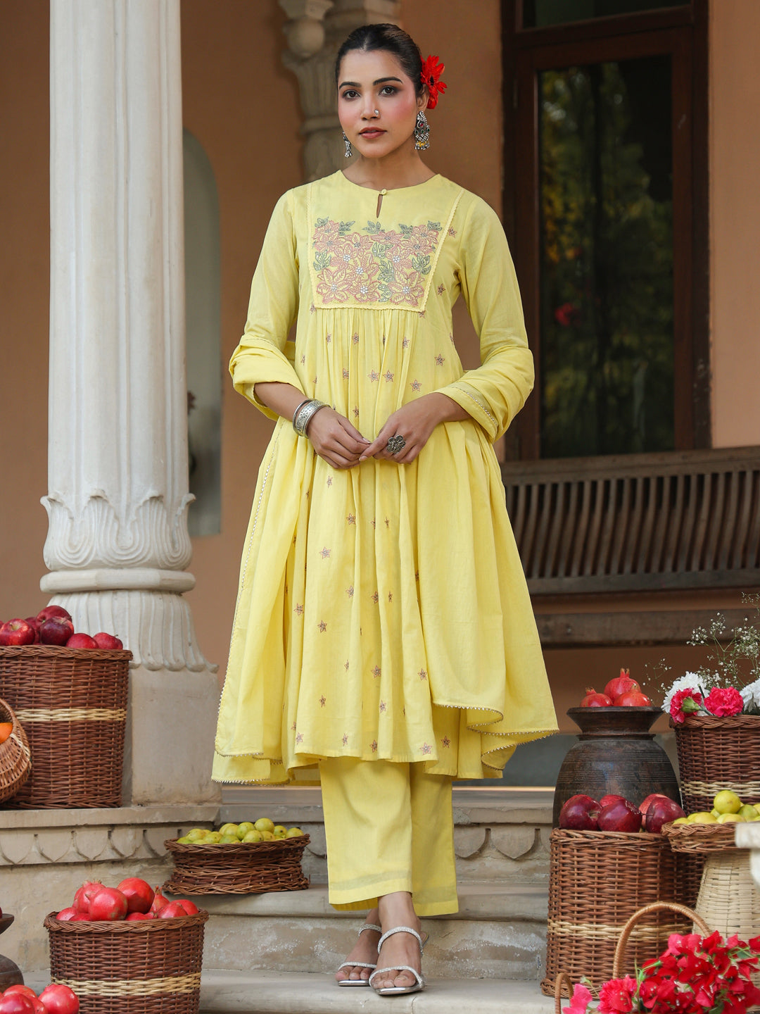 Women's Yellow Pure Cotton Embroidered A-line Kurta Set