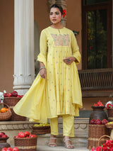 Women's Yellow Pure Cotton Embroidered A-line Kurta Set