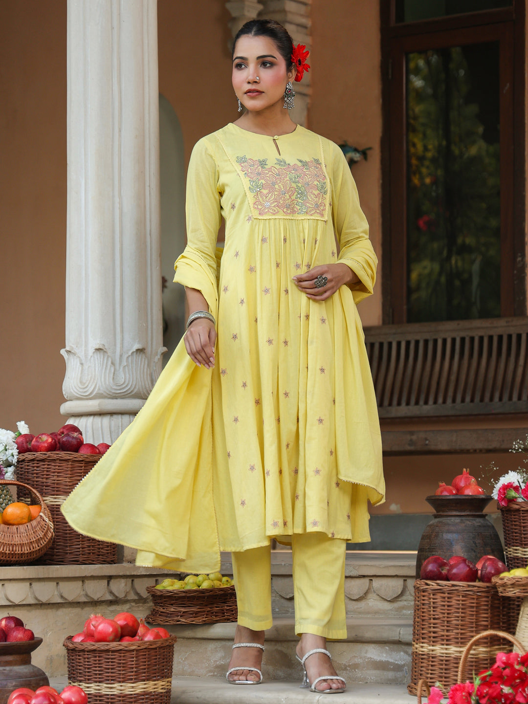 Women's Yellow Pure Cotton Embroidered A-line Kurta Set