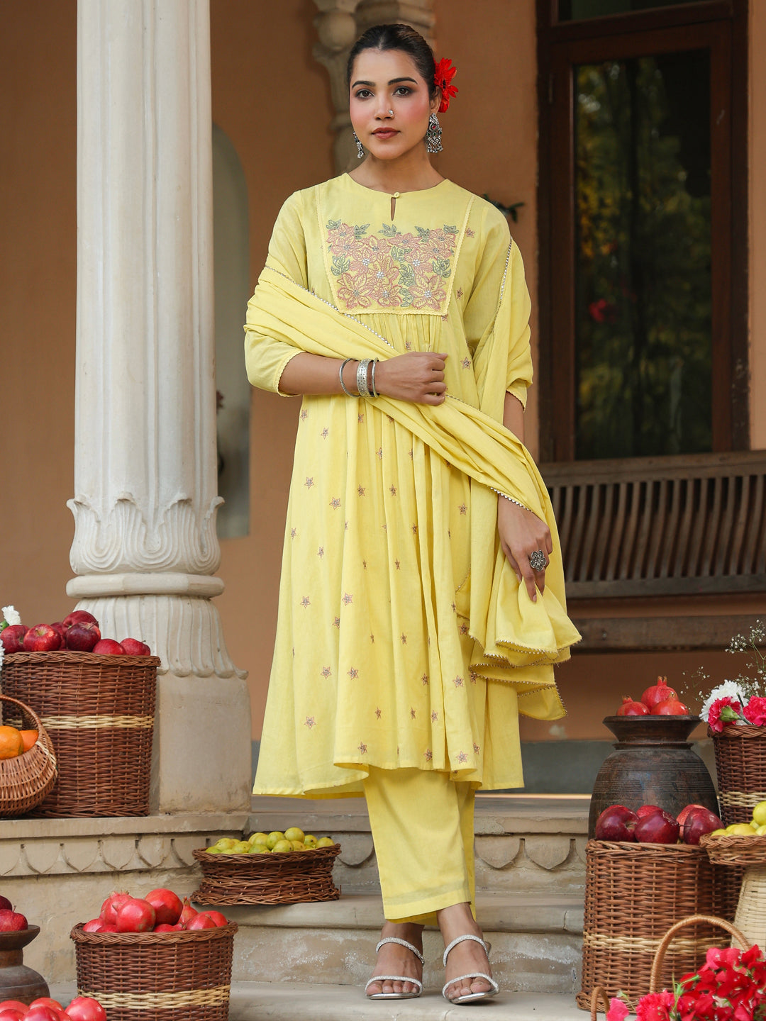Women's Yellow Pure Cotton Embroidered A-line Kurta Set