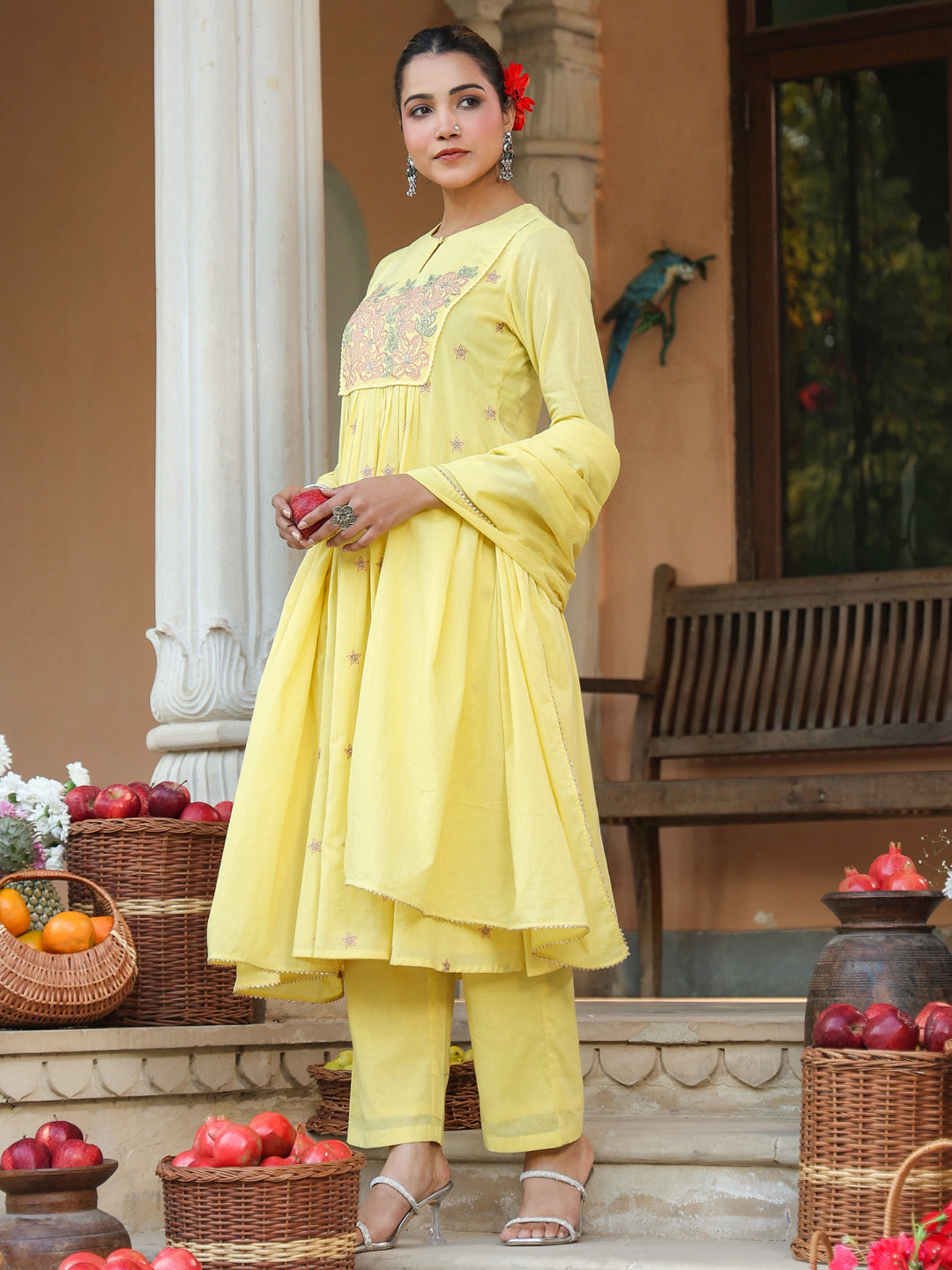Women's Yellow Pure Cotton Embroidered A-line Kurta Set