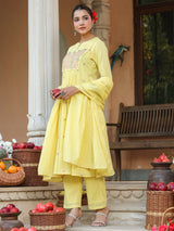 Women's Yellow Pure Cotton Embroidered A-line Kurta Set