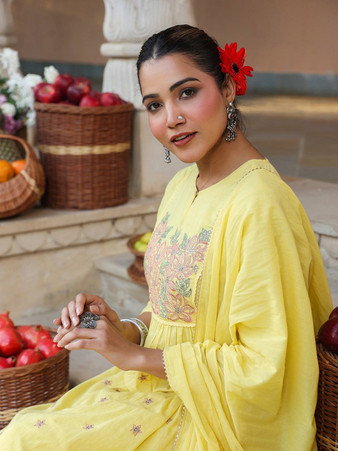 Women's Yellow Pure Cotton Embroidered A-line Kurta Set