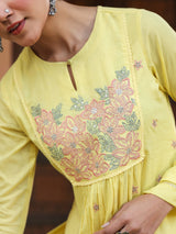 Women's Yellow Pure Cotton Embroidered A-line Kurta Set
