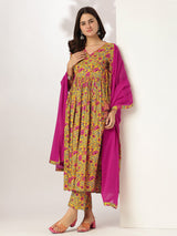 Women's Yellow Pure Cotton Floral Printed Angrakha Kurta Set