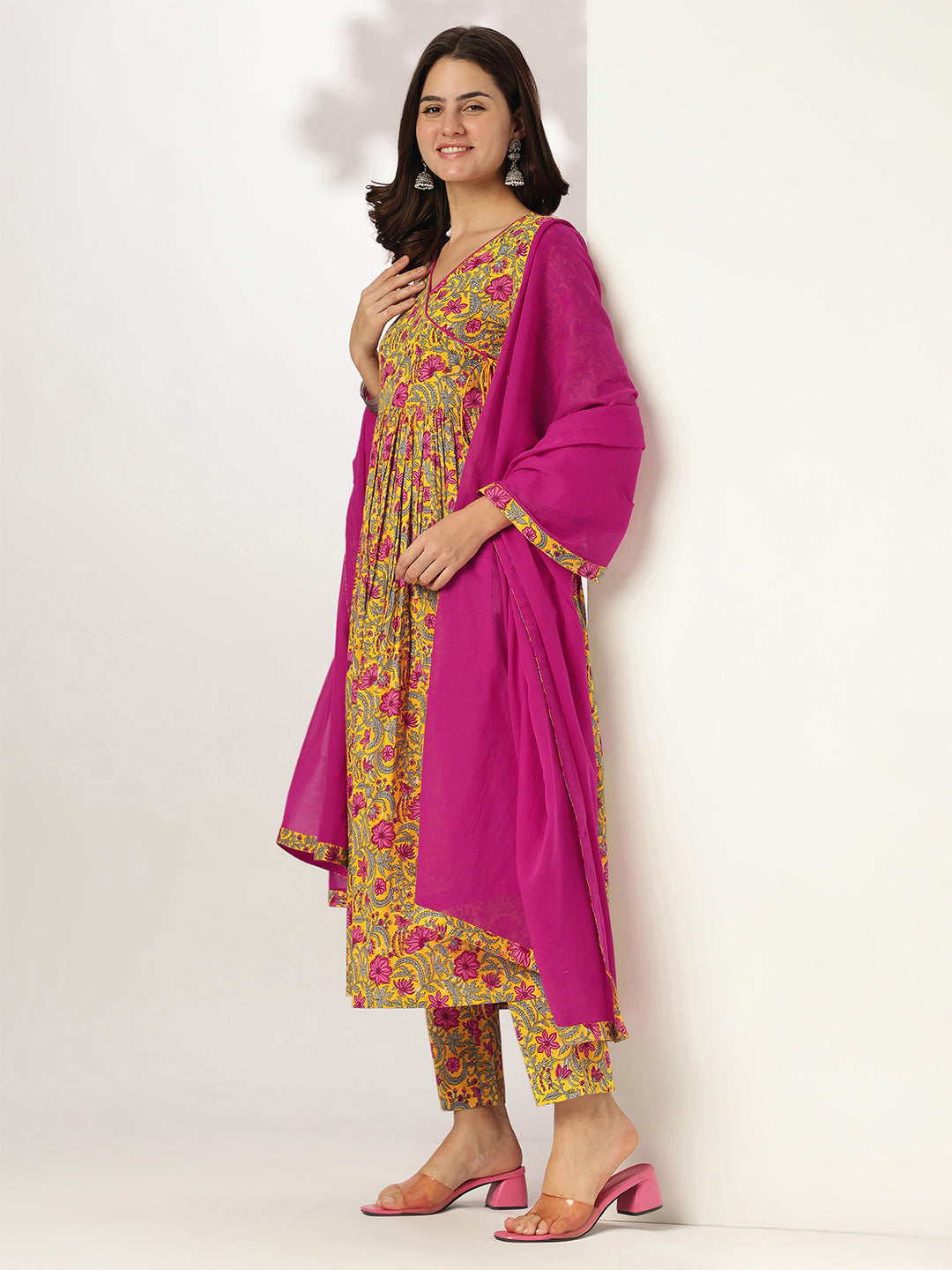 Women's Yellow Pure Cotton Floral Printed Angrakha Kurta Set