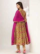 Women's Yellow Pure Cotton Floral Printed Angrakha Kurta Set