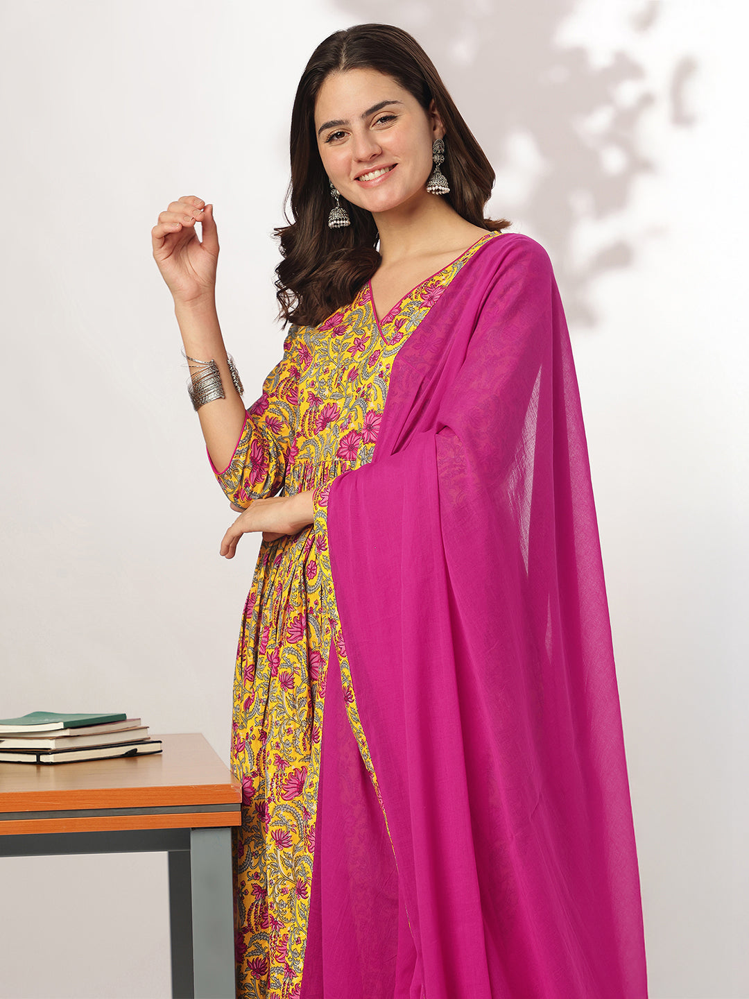 Women's Yellow Pure Cotton Floral Printed Angrakha Kurta Set