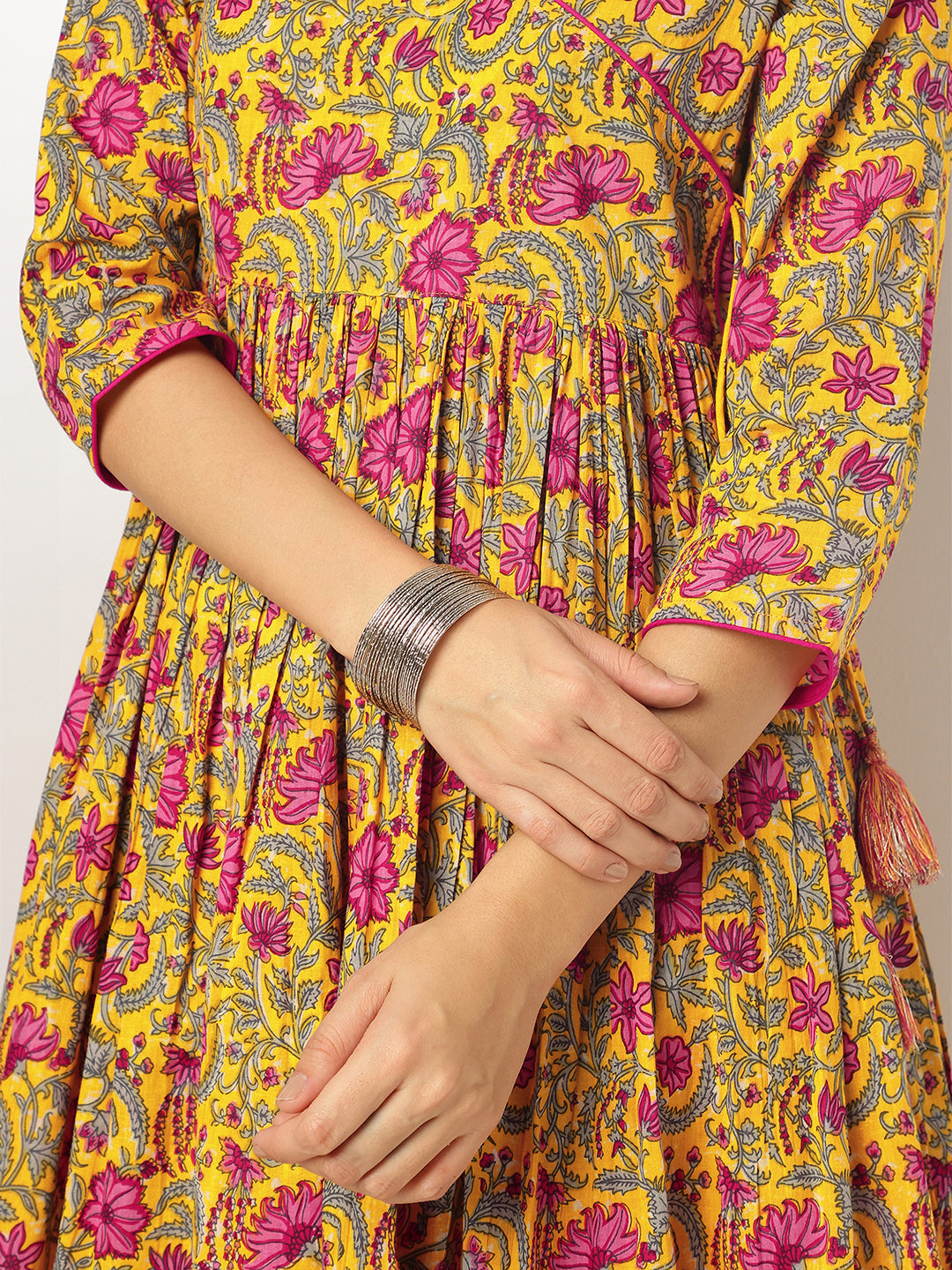 Women's Yellow Pure Cotton Floral Printed Angrakha Kurta Set