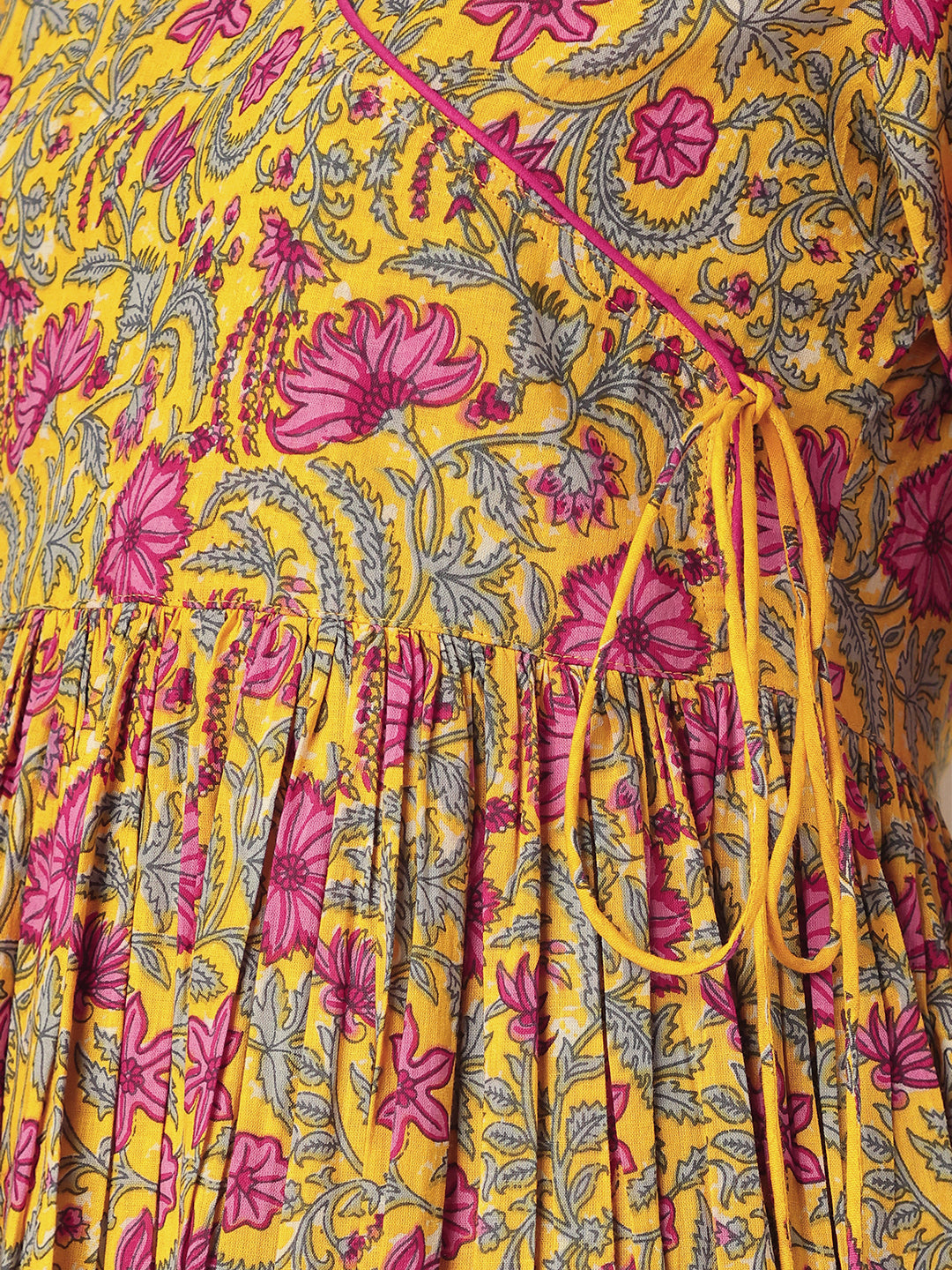 Women's Yellow Pure Cotton Floral Printed Angrakha Kurta Set