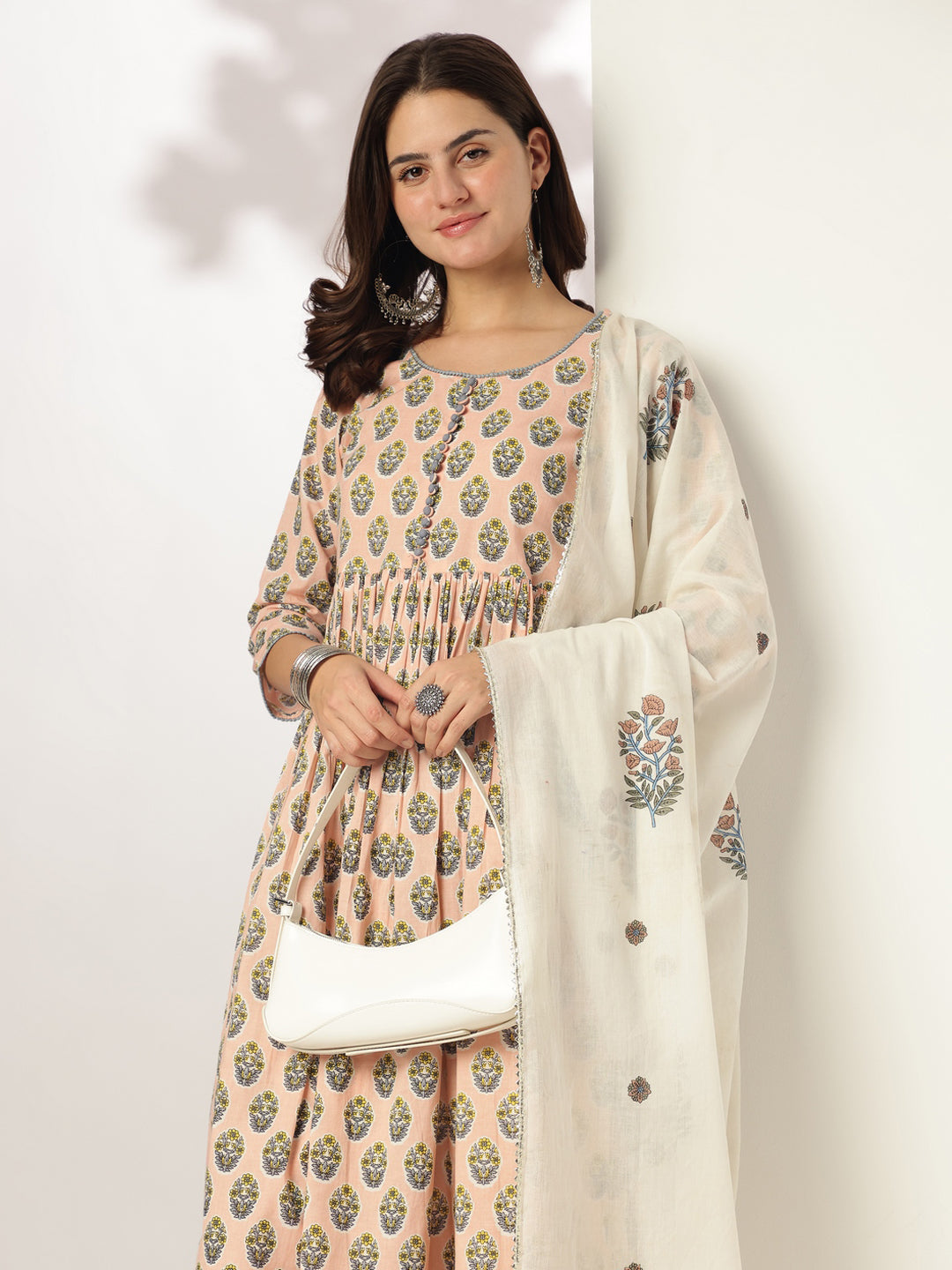 Women's Peach Pure Cotton Floral Printed A-line Kurta Set