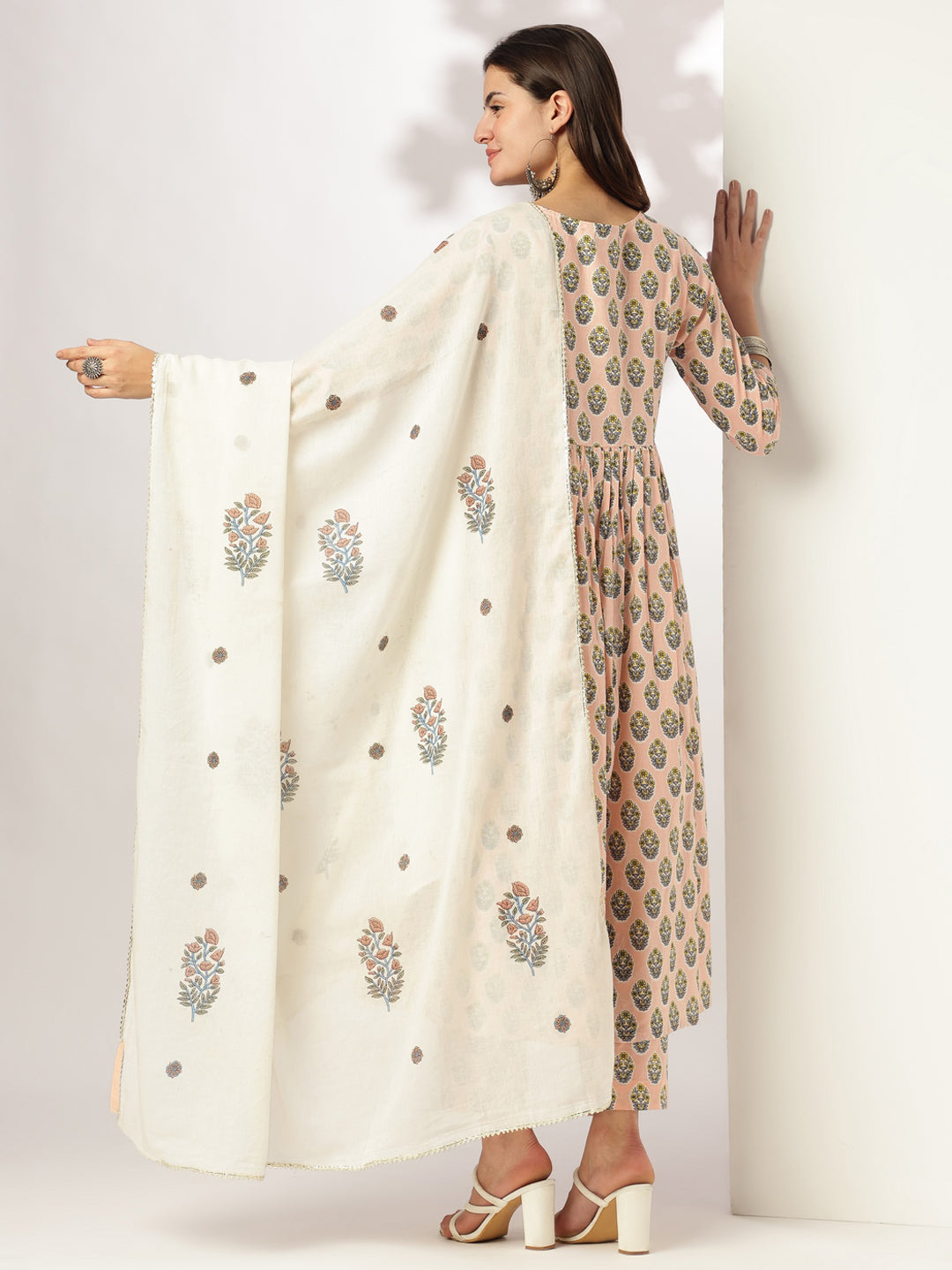 Women's Peach Pure Cotton Floral Printed A-line Kurta Set