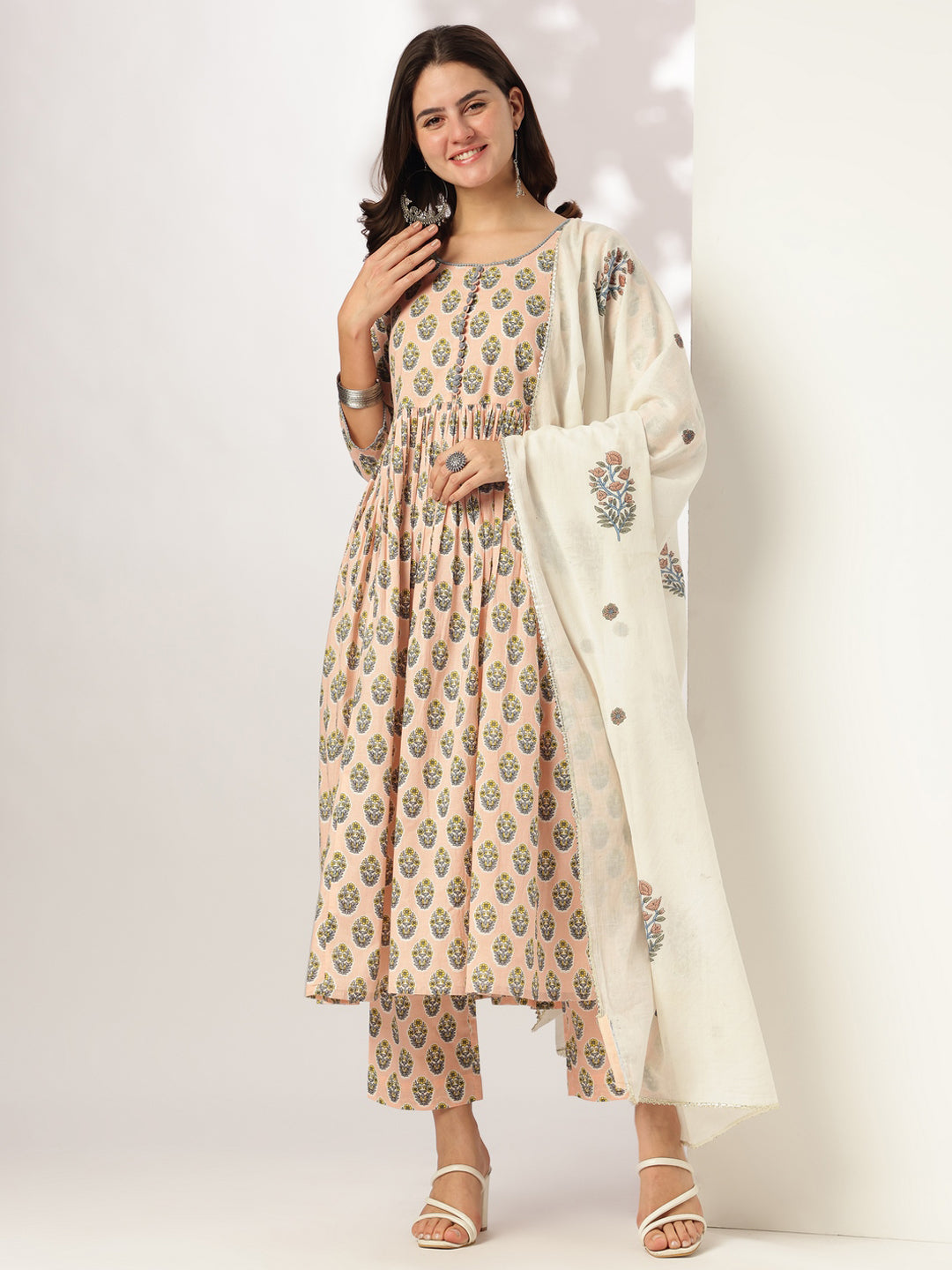 Women's Peach Pure Cotton Floral Printed A-line Kurta Set