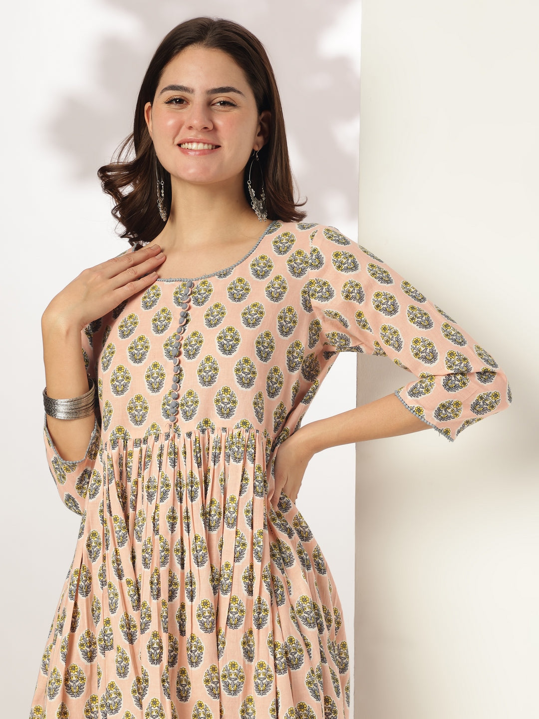 Women's Peach Pure Cotton Floral Printed A-line Kurta Set